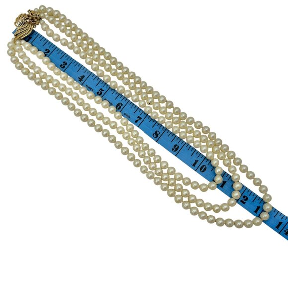 Vintage Triple-Strand Faux Pearl Necklace With Gold-Tone Rhinestone Clasp - Picture 6 of 8